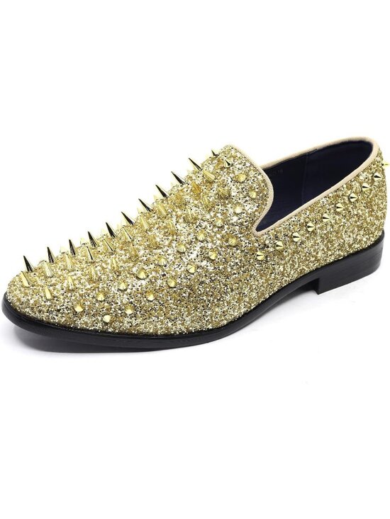 Metrocharm Men\'s Gold Sparkly Glitter Spike Sequin Tuxedo Loafer Slip On Shoes